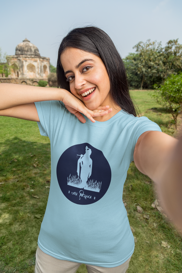 Lord Krishna With Flute Beatiful Premium Skyblue T-Shirt For Women