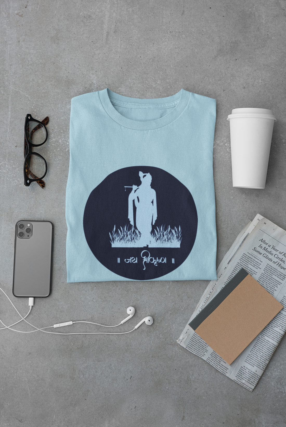 Lord Krishna With Flute  Beatiful Premium Skyblue T-Shirt For Women