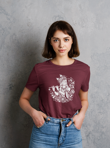 Lord Krishna Beatiful Design Premium Maroon T-Shirt For Women