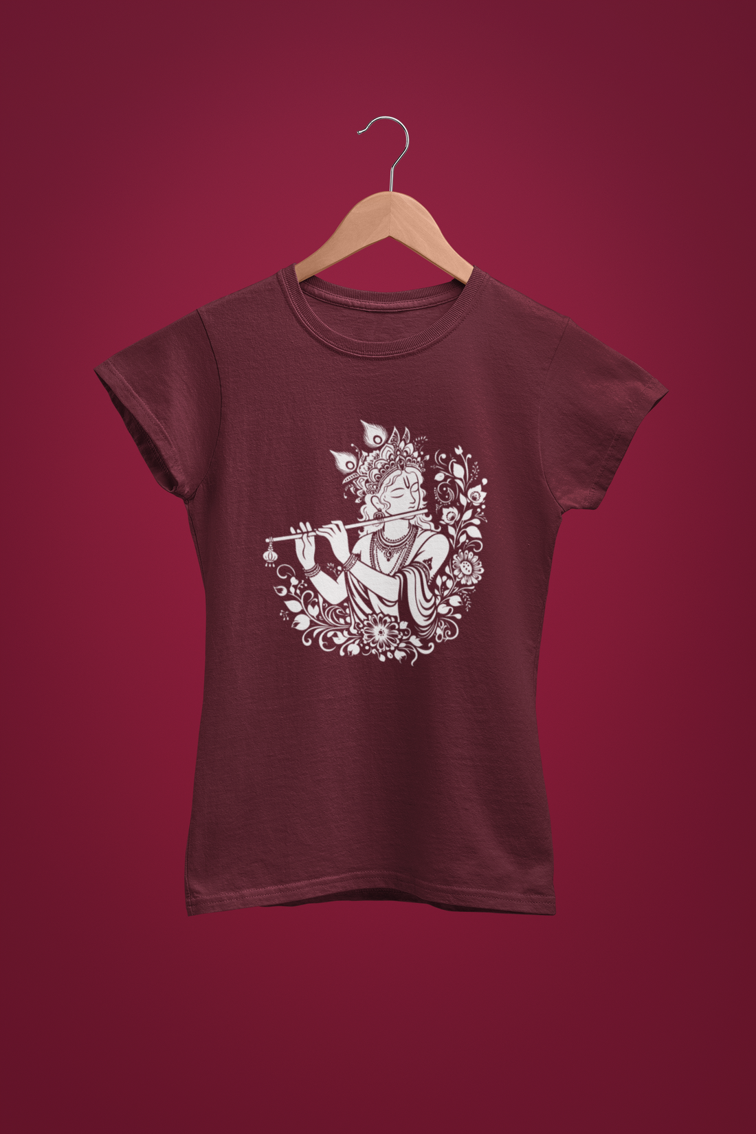 Lord Krishna Beatiful Design Premium Maroon T-Shirt For Women